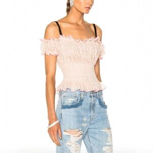 SANDY LIANG Ibiza Smocked Cropped Lacey Top Cottagecore Milkmaid
